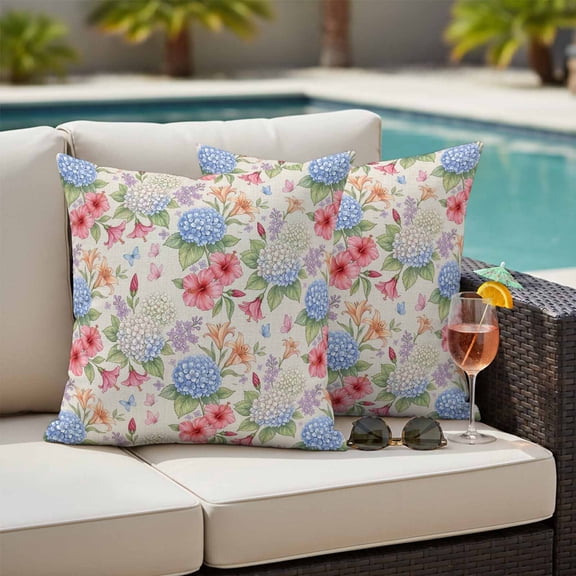 Beige Blue Hydrangea Outdoor Pillow Covers 16x16 Inch Throw Pillow Covers Set of 2 Waterproof Decorative Pillow Cases Farmhouse Floral Botanical Burlap Cushion Covers for Patio Furniture Garden Couch