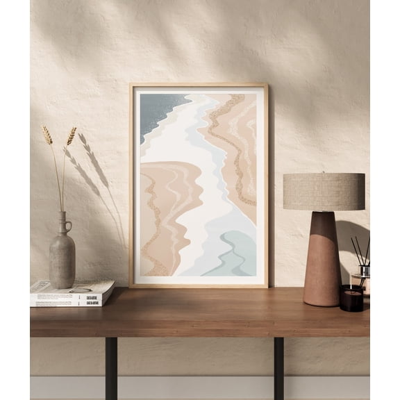 Beige Blue Ocean Art Pastel Landscape Wave Boho Minimal One, Unframed Paper Print