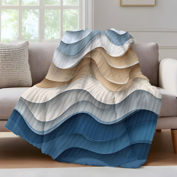 Beige Blue Ombre Fleece Throw Blanket for Couch, Moire Abstract Artwork Microfiber Flannel Blanket for All Season, Lightweight Soft Throw Blankets for Women, Girls, Adults, 50"x80"