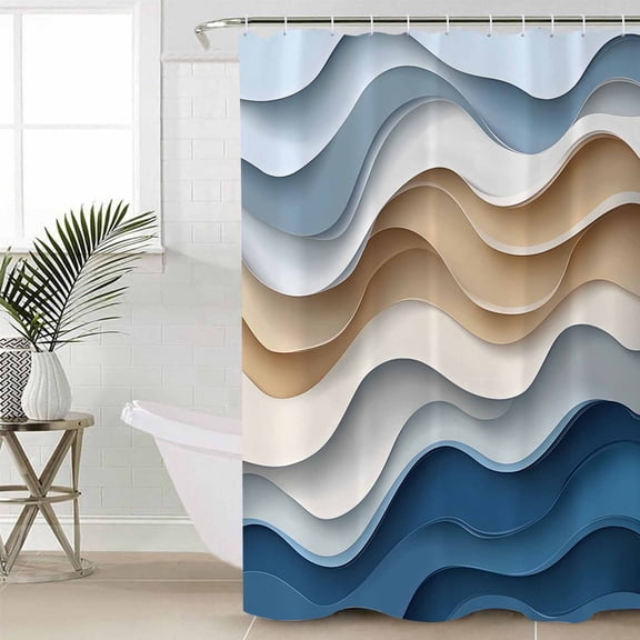 Beige Blue Ombre Shower Curtain Set, Waterproof Shower Curtains for Bathroom, Moire Abstract Artwork Washable Fabric Cloth Bath Curtain for Bathtub Decoration with Hooks 66x72 Inches