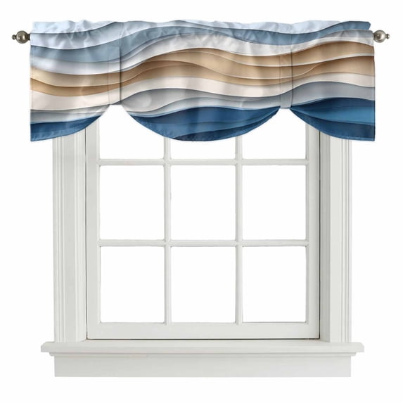 Beige Blue Ombre Tie Up Valance Curtains for Windows, Kitchen Curtains Window Shades, Moire Abstract Artwork Light Filtering Roman Curtain Valances for Bedroom/Bathroom/Cafe 60"x18"