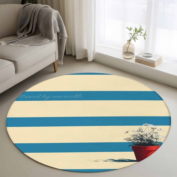 Beige Blue Striped Daisy 3ft Area Rug, Farmhouse Vintage Flowers Washable Non-Slip Small Round Rugs for Entryway Bedroom Kitchen, Soft Circle Carpet for Dining Room, Playroom Nursery Rug