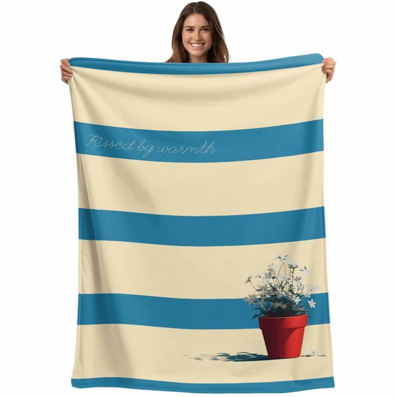 Beige Blue Striped Daisy Blanket Soft Cozy Warm Throw Blanket for Couch, Plush Fuzzy Flannel Fleece Blankets for Sofa, Farmhouse Vintage Flowers Bed Blankets Lightweight Gifts for Women, 30"x40"