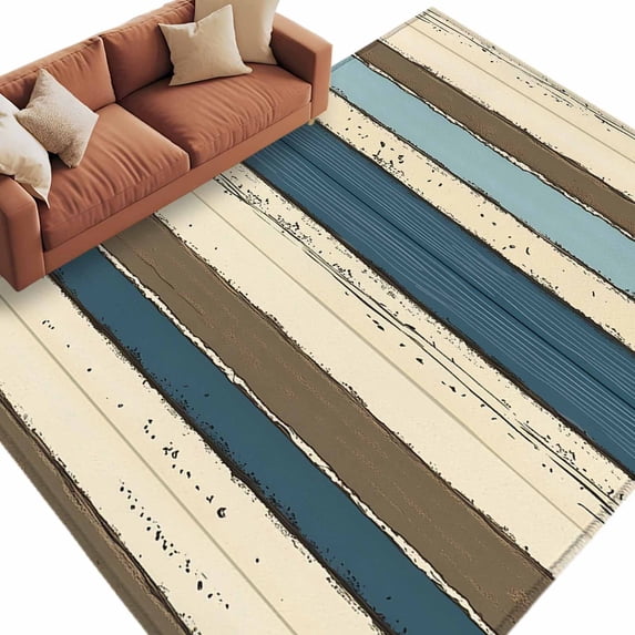 Beige Blue Stripes Large Area Rugs for Bedroom Living Room, Soft Non Slip Carpet Bedside Rug, Bogo Rustic Brown Farmhouse Wooden Rectangular Floor Cover Kitchen Accent Rug 8'x10' for Office