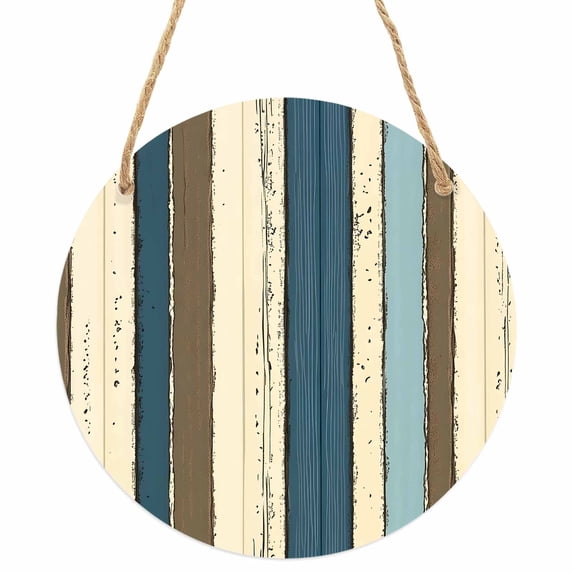 Beige Blue Stripes Round Front Door Welcome Sign, 5.9 Inch Wall Hanging Decor for Indoor Outdoor, Bogo Rustic Brown Farmhouse Wooden Home Porch Hanger Decorations for Holiday Gift