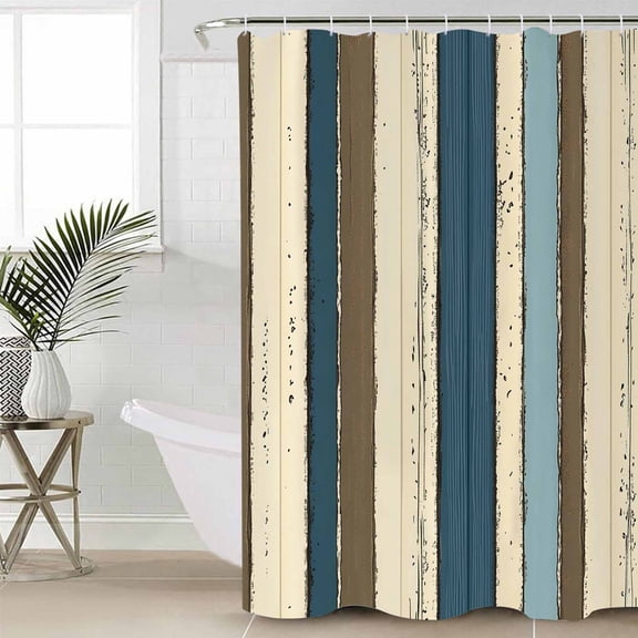 Beige Blue Stripes Small Stall Shower Curtain, Waterproof Shower Curtains for Bathroom, Bogo Rustic Brown Farmhouse Wooden Washable Fabric Cloth Bath Curtain for Bathtub with Hooks 36x72 Inches