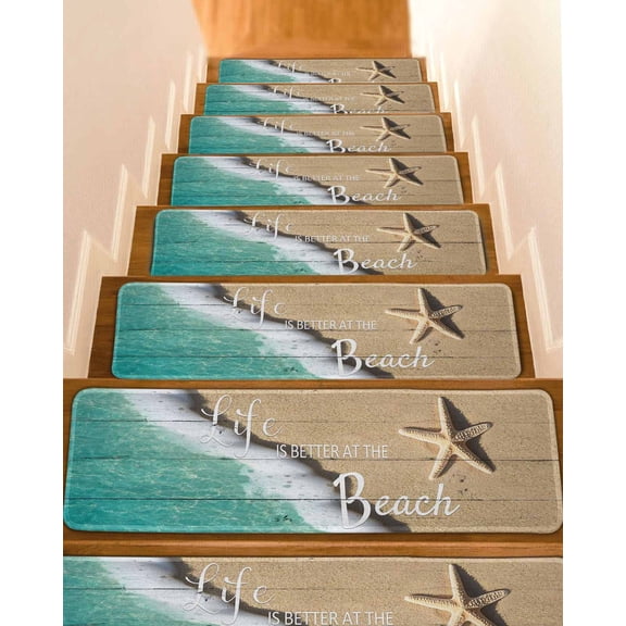 Beige Blue Summer Beach Stair Treads for Wooden Steps Indoor Runner Rug Carpet, Coastal Nautical Starfish Ocean 4 Pieces Peel and Stick Staircase Step Treads Covers Washable Throw Door Mats, 30"x8"