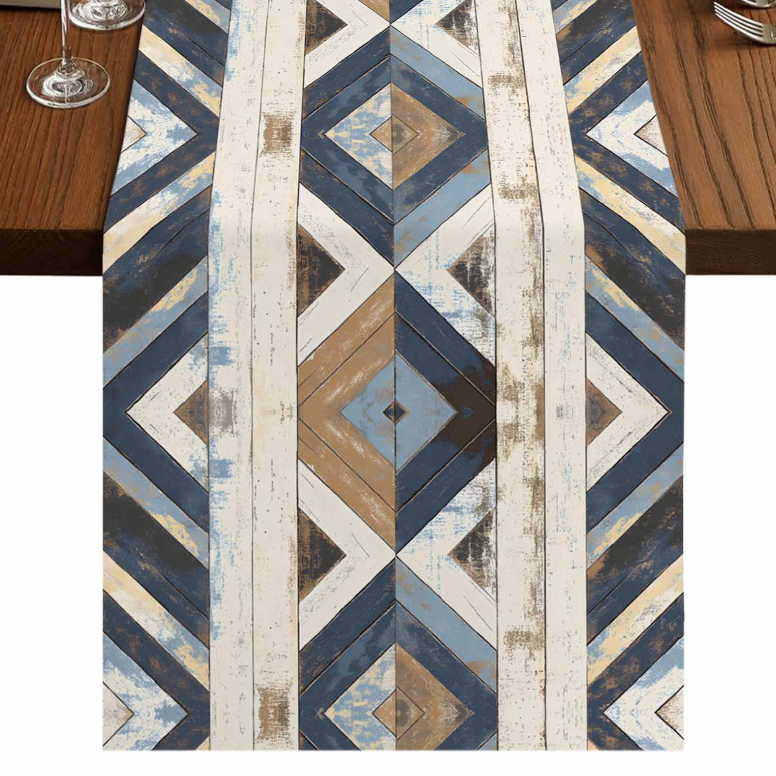 Beige Blue Wooden 36 Inch Table Runner, Farmhouse Vintage Abstract Wood ...
