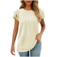 thumbnail image 1 of Beige Boat Neck Faux Linen Tshirts for Women Fall Summer Ruffle Short Sleeve Loose Fit Casual Pleated Plain Tops Shirts Womens 2025 Clothing Fashion XL, 1 of 8