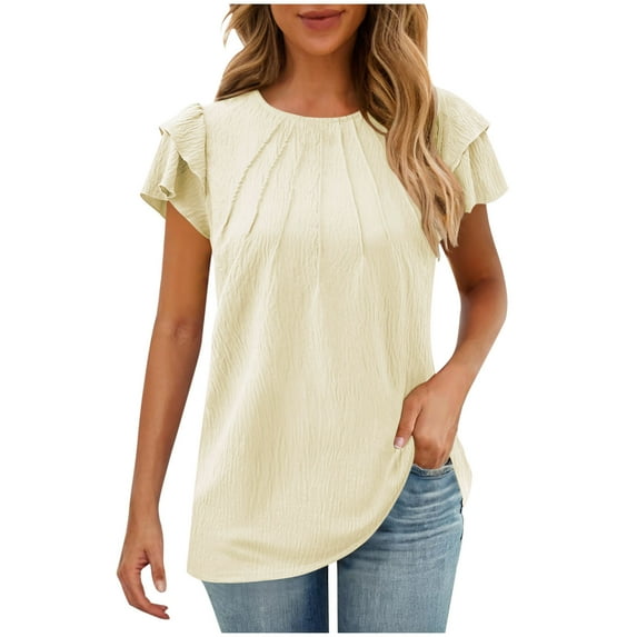 Beige Boat Neck Faux Linen Tshirts for Women Fall Summer Ruffle Short Sleeve Loose Fit Casual Pleated Plain Tops Shirts Womens 2025 Clothing Fashion XL
