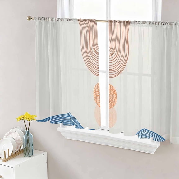 Beige Bohemia Sheer Curtains 54 Inch Length 2 Panels Set Window Treatments, Modern Abstract Art Orange Striped Cycle Rod Pocket Semi Curtains for Living Room/Bedroom/Kitchen Décor, 104"W x 54"L