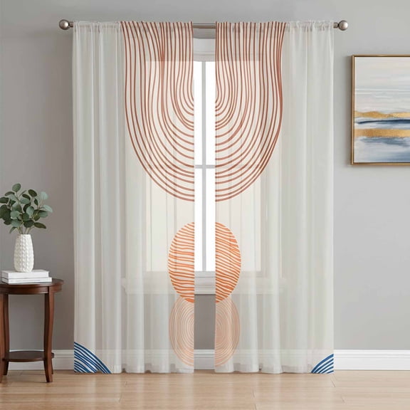 Beige Bohemia Sheer Curtains 84 Inch Length 2 Panels Set Window Treatments, Modern Abstract Art Orange Striped Cycle Rod Pocket Semi Curtains for Living Room/Bedroom/Kitchen Décor, 104"W x 84"L