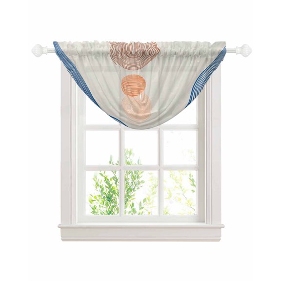 Beige Bohemia Sheer Waterfall Valance Curtains for Window, Modern Abstract Art Orange Striped Cycle Rod Pocket Sheer Topper Swag Curtains for Living Room, Kitchen 38.5"W x 47.2"L, 1 Panel