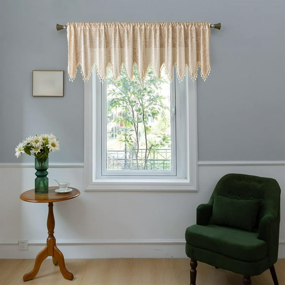 Beige Bohemian Tassel Valance Curtain 55x24 Inch, Country Style Window Valance Transparent Sheer Kitchen Bathroom Decor