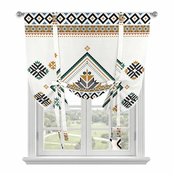 Beige Boho Balloon Curtains for Bedroom/Front Door/Bathroom, Vintage Ethnic Tribe Abstract Art Retro Tie Up Curtains 63 Inch Length Light Filtering Kitchen Curtains Shades for Windows 46"x63"