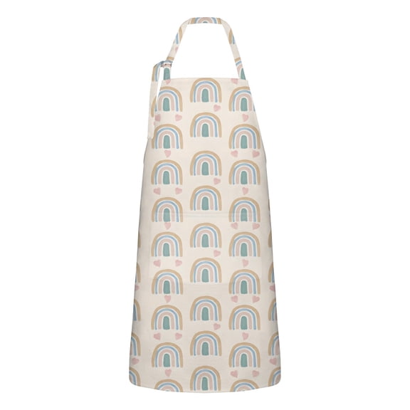 Beige Boho Bohemia Rainbows Hearts Pattern Apron-Garden Aprons for Women with Pockets-Cotton Linen Waterproof Kitchen Cooking Gardening Aprons Adjustable for Kitchen,Cooking,BBQ and Salon 33x27 Inch