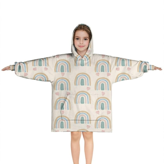 Beige Boho Bohemia Rainbows Hearts Pattern Blanket Hoodies for Kids 6-13YR Oversize Wearable Blanket Hoodies for Boys Girls Teens