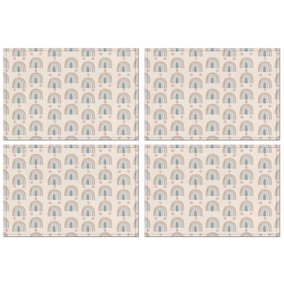 Beige Boho Bohemia Rainbows Hearts Pattern Summer Placemats Table Placemats Set Of 4-Linen Kitchen Washable Placemats Table Mats 11.8"x17.7"Non-Slip Heat Resistant