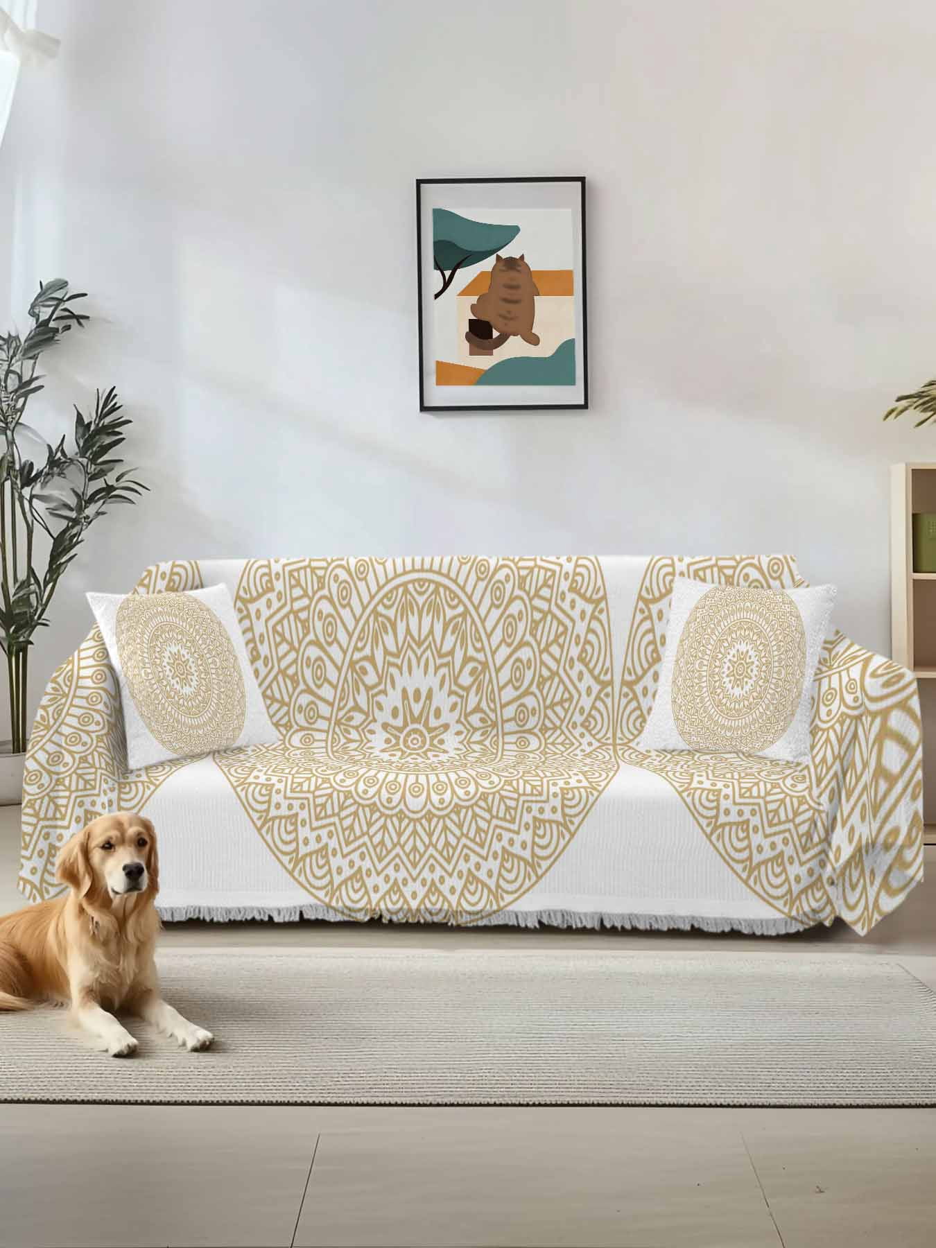 Beige Boho Couch Cover Sofa Covers 3 Cushion Sectional Couch, Retro