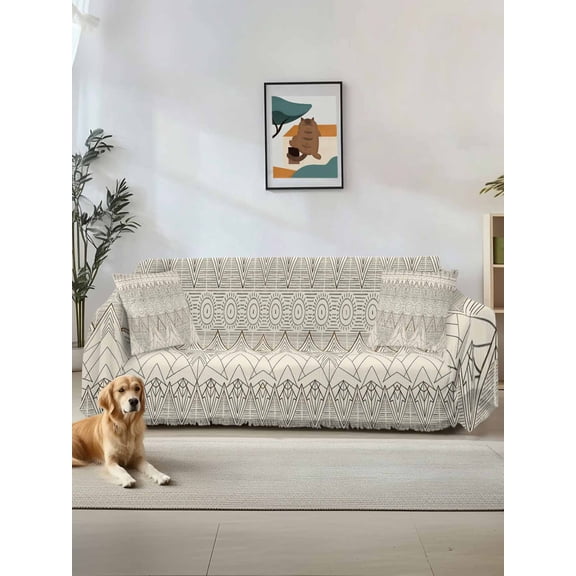 Beige Boho Couch Cover, Vintage Ethnic Tribe Abstract Art Sofa Cover Blanket for Loveseat Couches, Sectional Sofa Slipcover Furniture Protector for Living Room Bedroom 71''x118''
