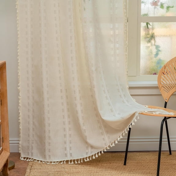 Beige Boho Curtains 1 Panel,Light Filtering Vintage Curtains 63 inches Long for Living Room Bedroom,Farmhouse, Bohemian Natural Tassels Country Embroidery Striped Draps Back Tab, 50" W