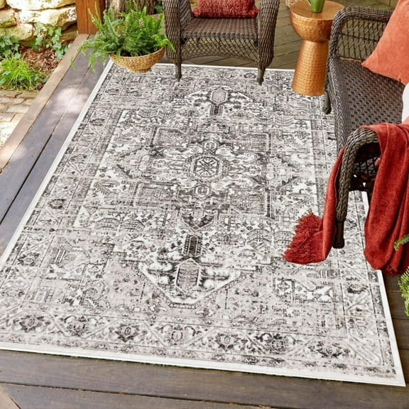 Beige Boho Distressed Texture Outdoor Rug For Patio Balcony Porch Deck Garden Washable Waterproof Outside Area Rug Vintage Bathroom Camping Non Slip Carpet 5x6ft