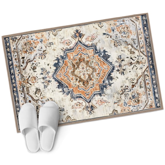 Beige Boho Entryway Rug 2x3 Area Rug Washable Indoor Doormat Small Bathroom Rugs Non-Slip Low Pile Accent Throw Rugs Ethnic Tribe Chic Elegant Orange Floor Carpet for Kitchen Bedroom Entrance