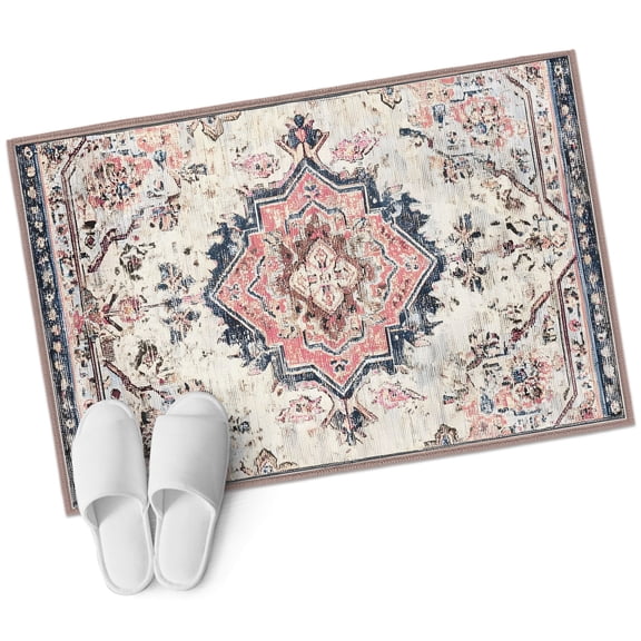 Beige Boho Entryway Rug 2x3 Area Rug Washable Indoor Doormat Small Bathroom Rugs Non-Slip Low Pile Accent Throw Rugs Ethnic Tribe Chic Elegant Pink Floor Carpet for Kitchen Bedroom Entrance