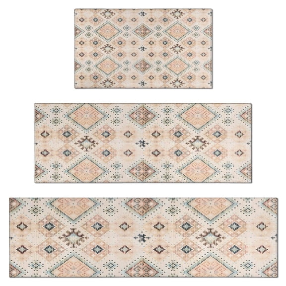 Beige Boho Ethnic Geometric Pattern Kitchen Rugs Sets Of 3,Kitchen Runner Rugs Non Skid Washable,Decorative Kitchen Floor Mats for Kitchen,Sink,Laundry,17"x30"+ 17"x47" + 17"x59"