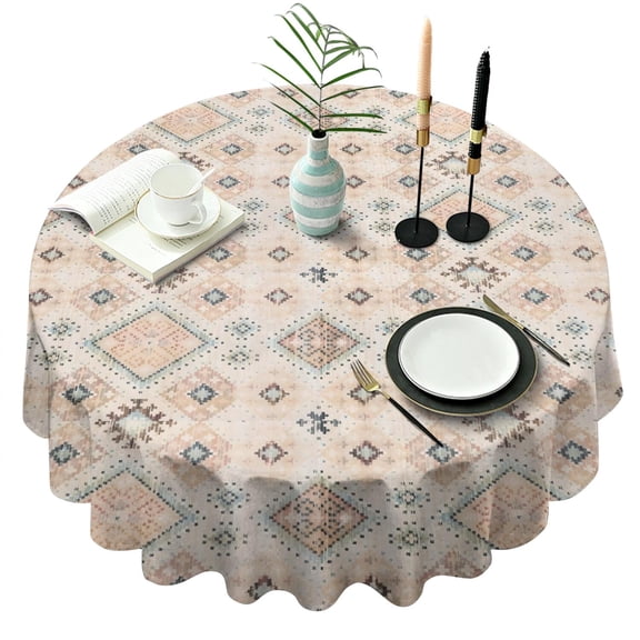 Beige Boho Ethnic Geometric Pattern Round Tablecloth 60"x60",Wrinkle Wipeable Table Cloth for Kitchen Dining Room Picnic Patio Party