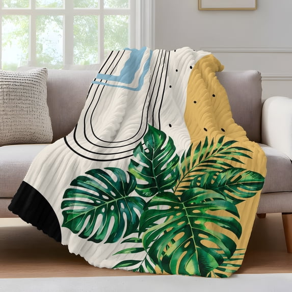 Beige Boho Fleece Throw Blanket for Couch, Tropical Palm Tree Modern Abstract Art Microfiber Flannel Blanket for All Season, Lightweight Soft Throw Blankets for Bed, Sofa, Travel, 50"x60"