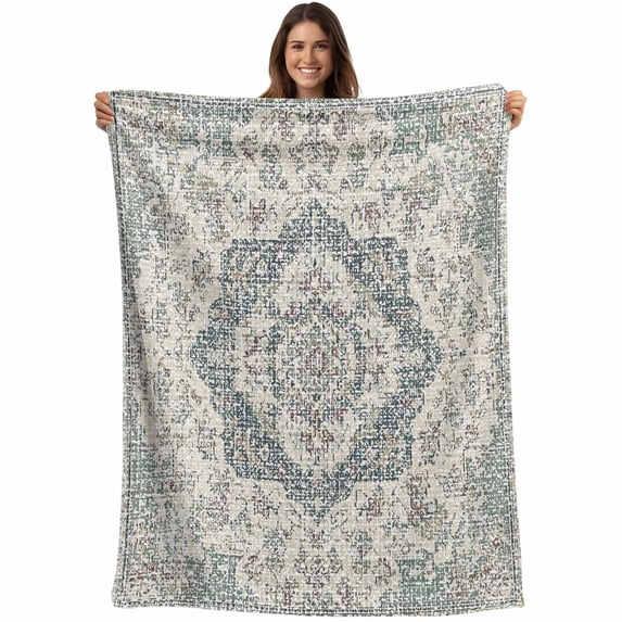 Beige Boho Floral Blanket Soft Cozy Warm Throw Blanket for Couch, Plush Fuzzy Flannel Fleece Blankets for Sofa, Medieval Vintage Ethnic Flower Abstract Bed Blankets Lightweight Gifts for Men, 40"x60"