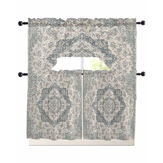 Beige Boho Floral Swag Curtains for Living Room/Bedroom Windows, Medieval Vintage Ethnic Flower Abstract Kitchen Curtains and Valances Set 36 Inch Length, Light Filtering Swags Valance Curtain Panels