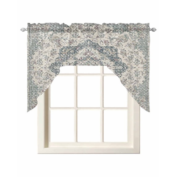 Beige Boho Floral Swag Valances for Windows, Small Curtains Drapes, Medieval Vintage Ethnic Flower Abstract Kitchen Window Curtains Over Sink Window Treatment Valance for Bedroom/Bathroom 56"x36"