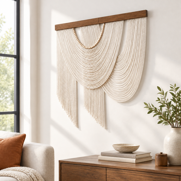 Beige Boho Macrame Wall Hanging Tapestry, 31.5 X 31.5 Inch, Hand-Knotted Cotton with Wooden Beads