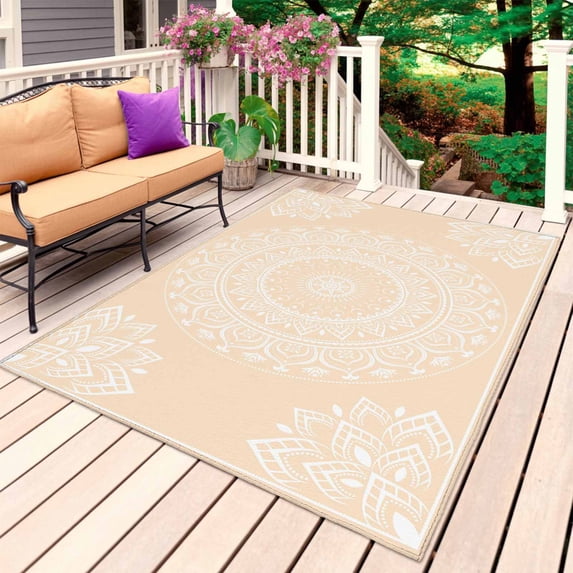Beige Boho Outdoor Rug for Patio/Deck/Porch, Non-Slip Large Area Rug 3 x 5 Ft, Farmhouse Middle Century Abstract Geometric Indoor Outdoor Rugs Washable Area Rugs, Reversible Camping Rug Carpet Runner