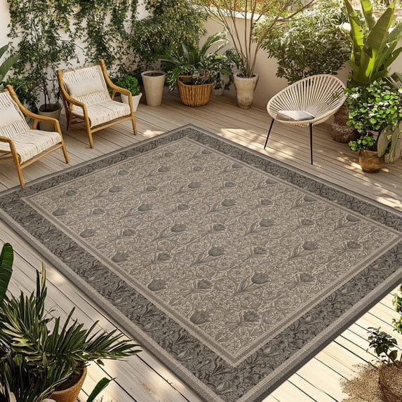 Beige Boho Outdoor Rug for Patio/Deck/Porch, Non-Slip Large Area Rug 6 x 9 Ft, Vintage Floral Abstract Art Ethic Tribe Indoor Outdoor Rugs Washable Area Rugs, Reversible Camping Rug Carpet Runner