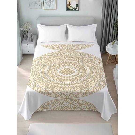 Beige Boho Queen Size Flat Sheet, Wrinkleproof & Fadeproof Cooling Flat Bed Sheet Only, Retro Farmhouse Ethnic Abstract Geometric Art Breathable Soft Bedding Top Sheets 90 x 102 Inches
