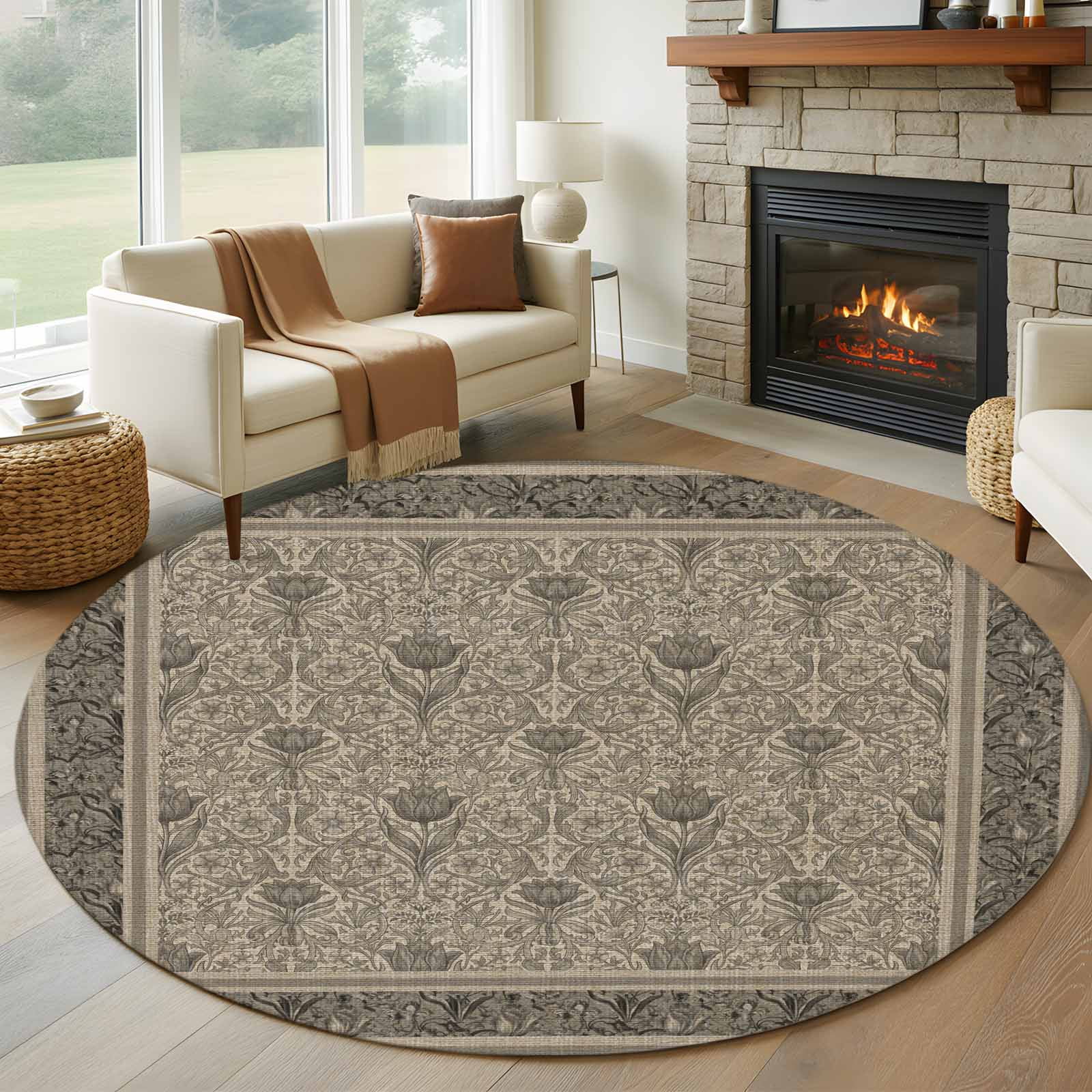 Tan Round Rug Beige Boho Round Area Rug 8Ft Washable Large Circle Rugs for Living ...