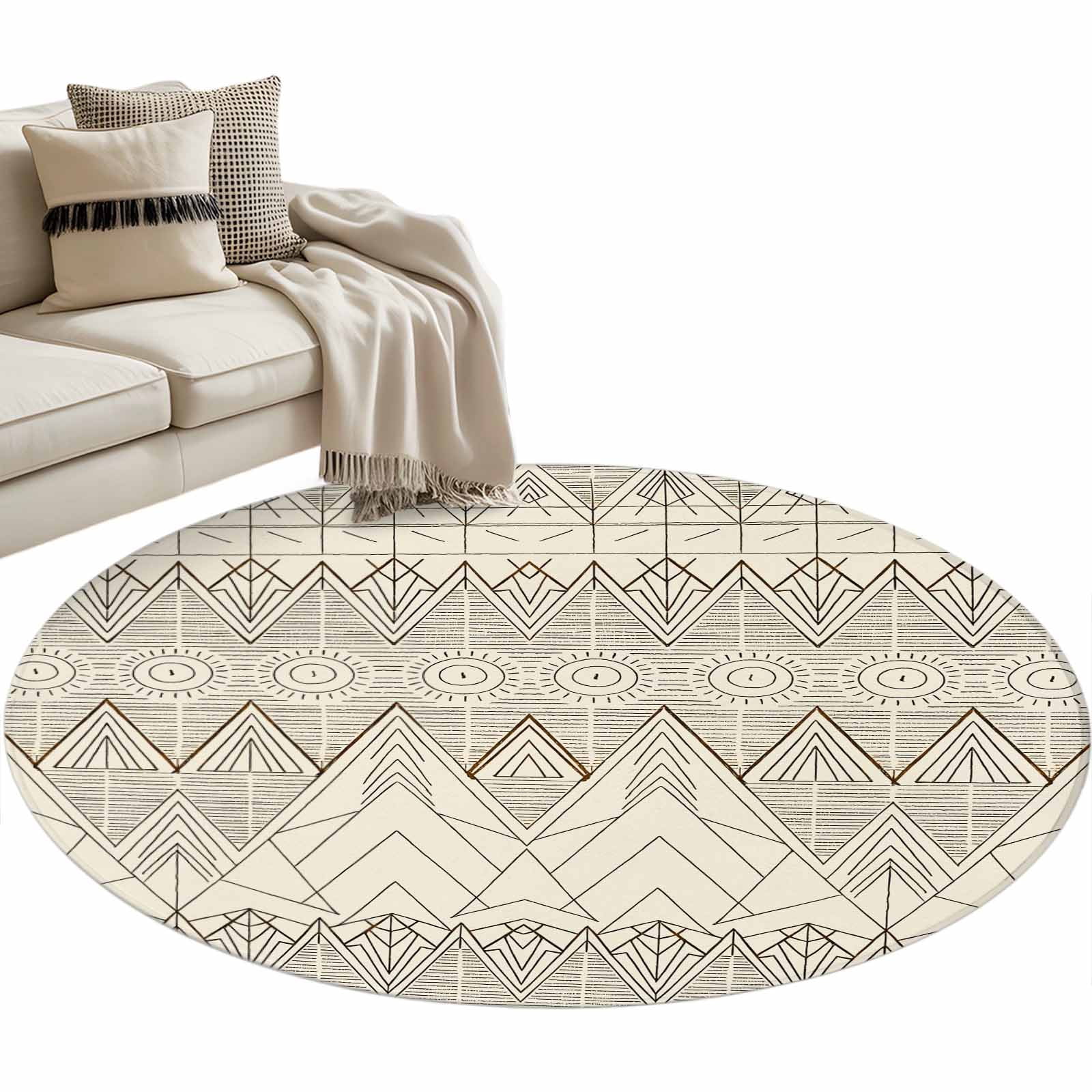Boho Round Beige Boho Round Area Rugs Collection 3', Vintage Ethnic Tribe Abstract ...