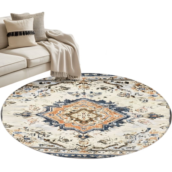 Beige Boho Round Rug 3ft Washable Circle Entryway Rugs Non Slip Ethnic ...
