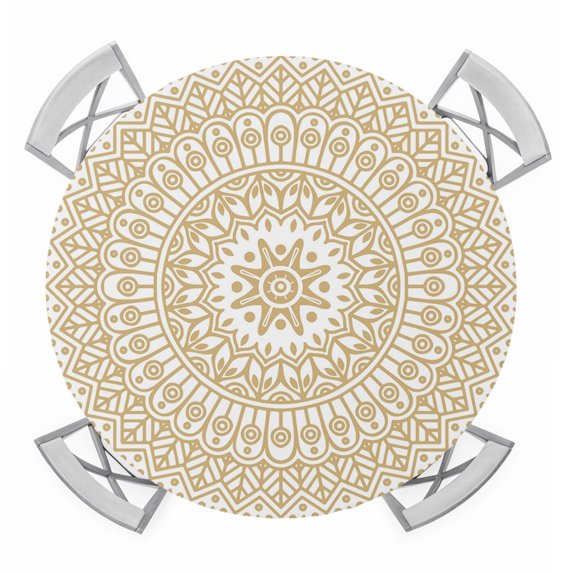 Beige Boho Round Tablecloth for 36-44 Inch Tables,Fitted Table Cover with Elastic Edge,Retro Farmhouse Ethnic Abstract Geometric Art Waterproof Outdoor Table Cloth Protector for Patio Garden Dinner