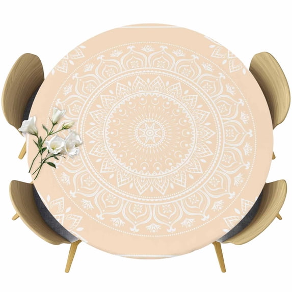 Beige Boho Round Tablecloth, Fitted Table Cover with Elastic for 45"-54" Round Tables, Farmhouse Middle Century Abstract Geometric Table Cloth Outdoor Indoor Dinning Party Waterproof Tablecloths