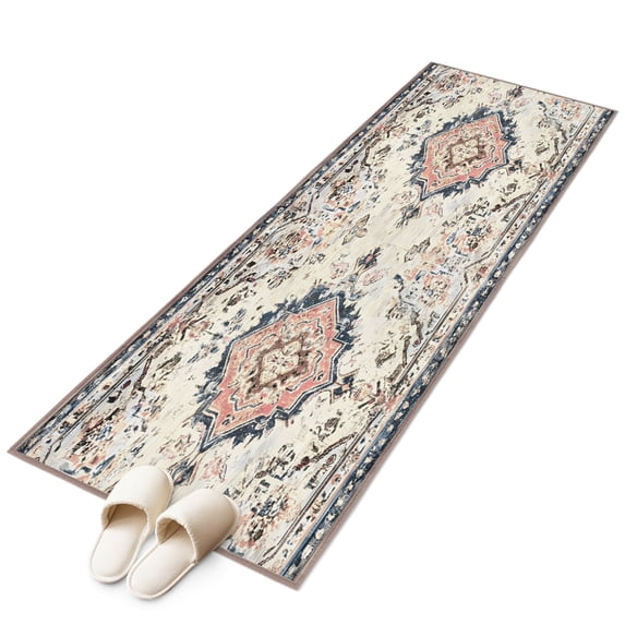 Beige Boho Runner Rug 2x6 Washable Kitchen Rug Non-Slip Lightweight Thin Soft Low Pile Bathroom Runner Ethnic Tribe Chic Elegant Pink Carpet for Hallway Laundry Room Bedroom Entryway