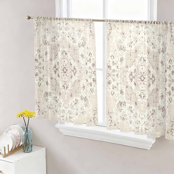 Beige Boho Sheer Curtains 54 Inches Length 2 Panels Set, Window Sheer Curtains for Living Room/Bedroom, Middle Century Ethnic Vintage Abstract Light Filtering Rod Pocket Curtain 52''x54''x2