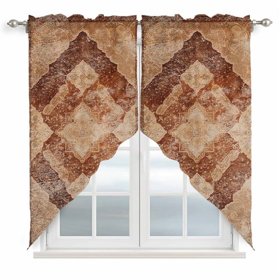 Beige Boho Swag Curtain Valances, Ethnic Modern Geometric Abstract Art Western Kitchen Valance for Window, Rod Pocket Topper Drapes for Bedroom Bathroom Basement 2 Panels Window Treatment 36"x45"