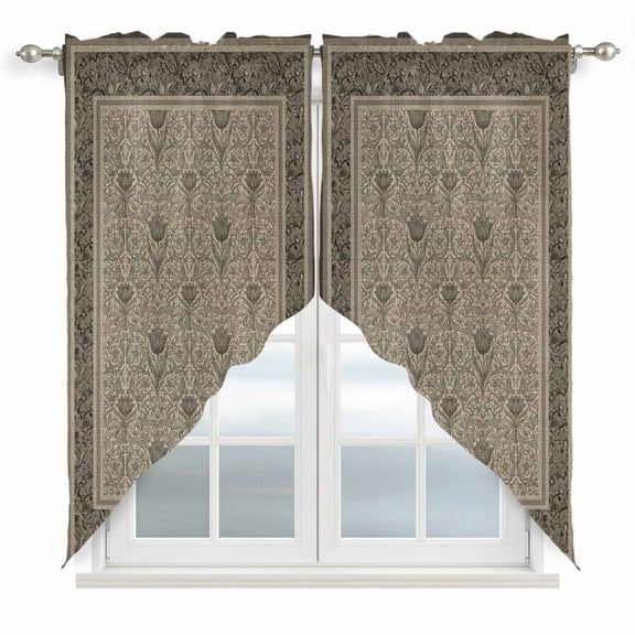 Beige Boho Swag Curtains for Living Room/Bedroom, Vintage Floral Abstract Art Ethic Tribe Swag Kitchen Curtain Valances for Windows, Tier Topper Scalloped Curtain 2 Panels, 56"W x 36"L