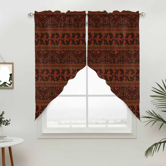 Beige Boho Swag Valances for Windows, Abstract Art Ethnic Eagle Tribe Red Rod Pocket Short Curtains, Machine Washable Kitchen Window Topper for Bathroom Living Room, 28 x 36 Inch, 1 Pair