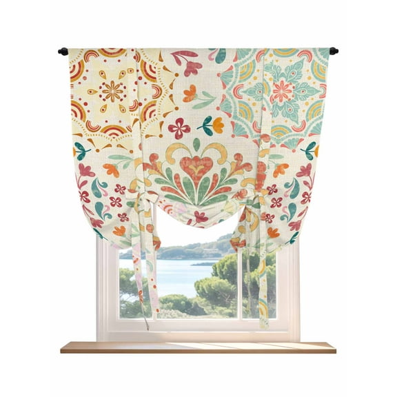 Beige Boho Tie Up Curtains for Windows 63 Inch Length Balloon Curtains Kitchen Adjustable Balloon Window Shade Retro Ethnic Shabby Colorful Floral Patterned Tie Up Bathroom Curtain Window 42"x63"