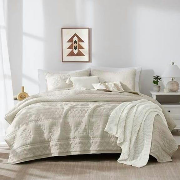 Beige Boho Twin Quit Size Bedding Set with 1 Pillow Sham, Farmhouse Lightweight Soft Bedspread Coverlet for All Season, 2 Pieces, 68x90 inches
